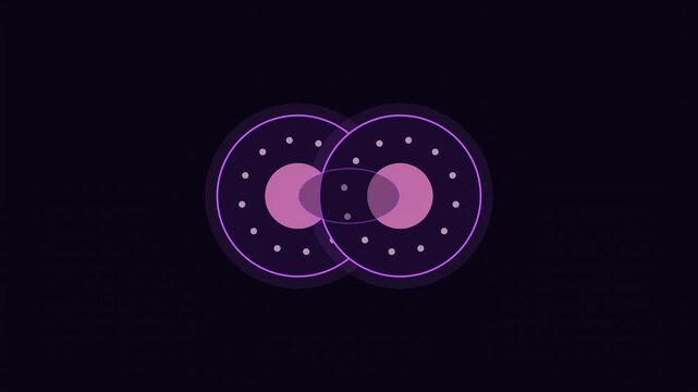 Abstract animated cell dividing in two drawn as violet and blue glowing lines and dots on a deep dark background. Clean minimal motion graphics element with free space around it, ideal for science com