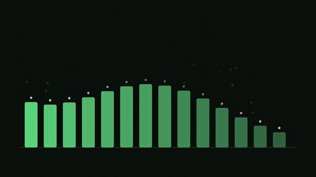 Abstract animated emission bars falling year by year drawn as green and cyan glowing lines and dots on a deep dark background. Clean minimal motion graphics element with free space around it, ideal fo