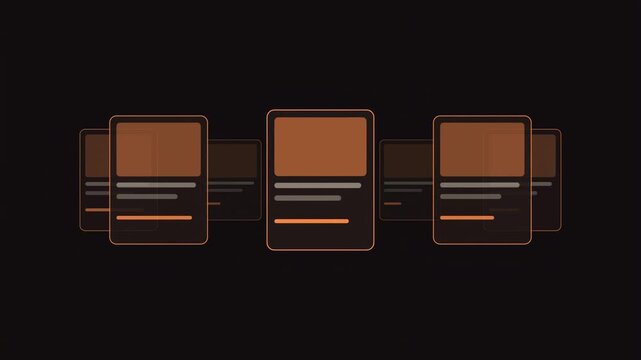 Abstract animated carousel of course modules drawn as amber and orange glowing lines and dots on a deep dark background. Clean minimal motion graphics element with free space around it, ideal for educ