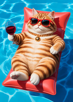Funny, chubby orange cat relaxing in the pool