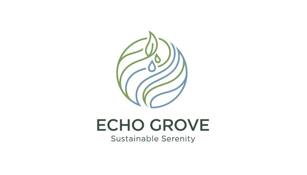 Creative logo for echo grove sustainable serenity featuring a green leaf and blue water wave sphere, promoting ecological sustainability.