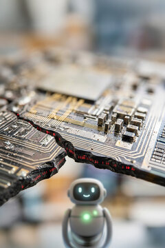 Small robot standing in front of a broken circuit board