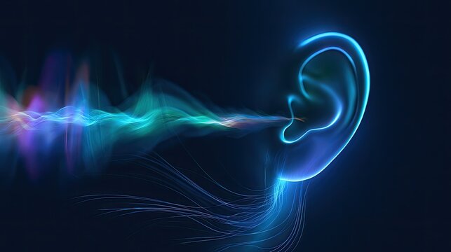 Glowing ear and sound waves, abstract digital art, concept