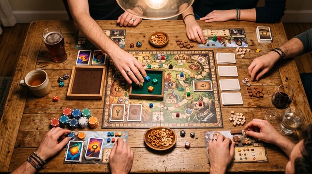 Friends playing board game at home. Group of people enjoying tabletop strategy games together.