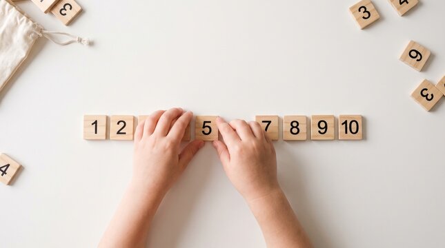 Child hands arranging wooden number tiles. Kid learning math with educational toys.
