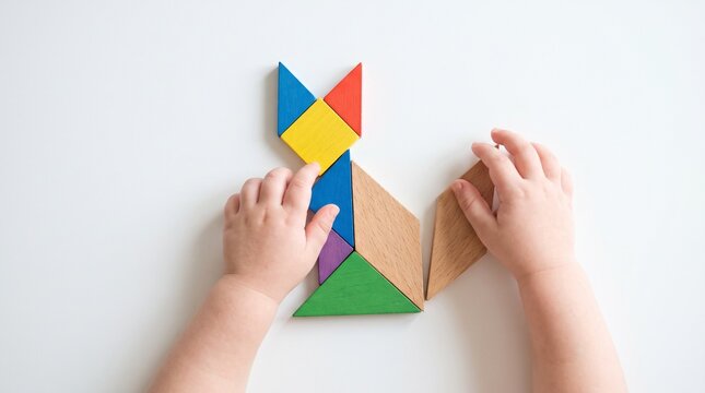 Child hands playing with colorful tangram puzzle. Kid solving geometric shape logic game.