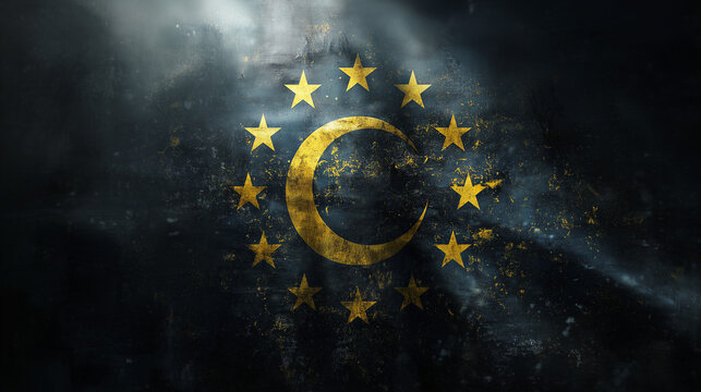 european union flag with islamic moon on dark gloomy background