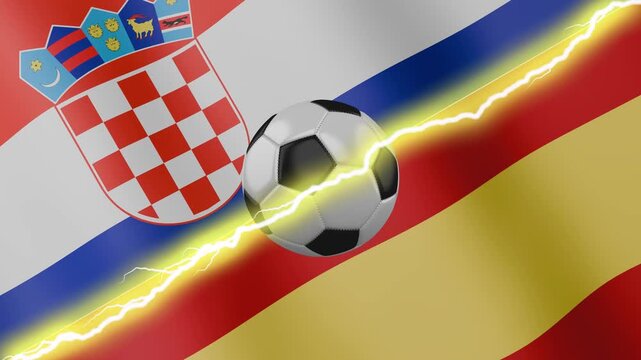 Spinning soccer ball against waving flags Croatia and Spain separated by a diagonal electric effect, seamless 4k loop