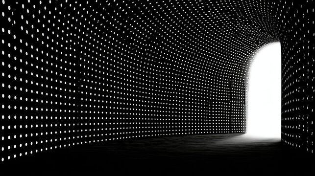 Abstract tunnel of glowing dots leading to bright light