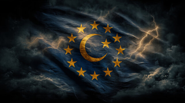 european union flag with islamic moon on dark gloomy background