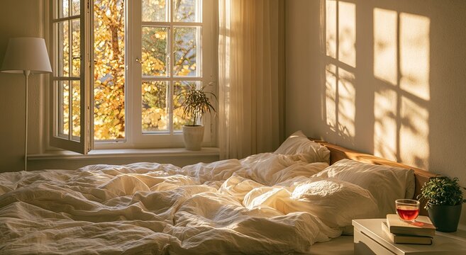 Cozy bedroom bathed in warm, dappled sunlight from an open window