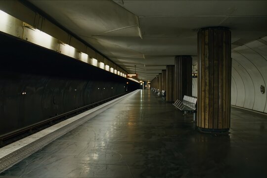 Quai de station de m&eacute;tro parisien vide avec rails en courbe et &eacute;clairage fluorescent, ambiance urbaine souterraine nocturne