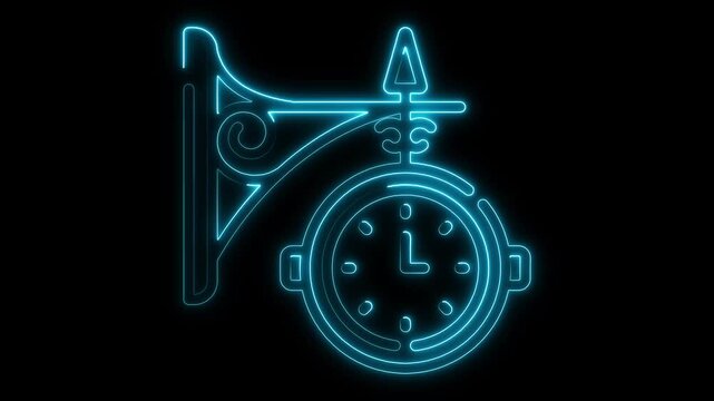 The image highlights a cyan-blue glowing neon icon of a hanging vintage street clock, designed on a dark background. glowing, cyan, blue, luminous, illuminated, 