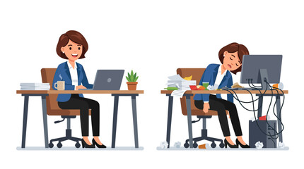 Fototapeta premium Elegant Contrast Professional Woman Smiling at Work vs Overwhelmed Colleague with Messy Desk and Tangled Cables