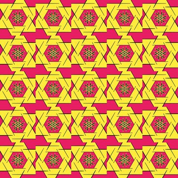 Vibrant random seamless pattern with scattered hexagram shapes in bright yellow and vivid magenta. 
