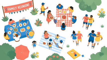 Fototapeta premium Family gathering enjoying outdoor picnic and games with diverse group on colorful blankets under trees