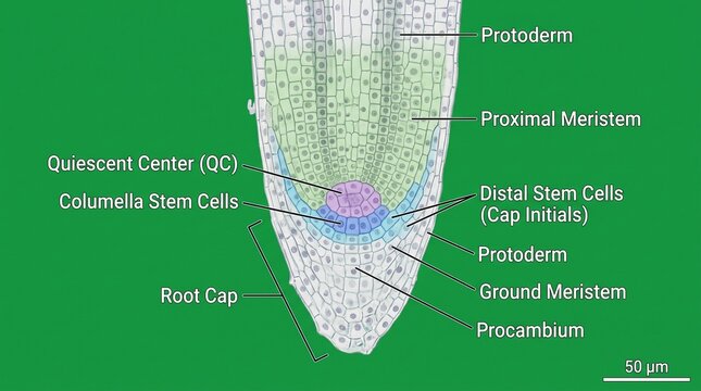 Root apical meristem diagram. Scientific illustration of plant root cell structure.