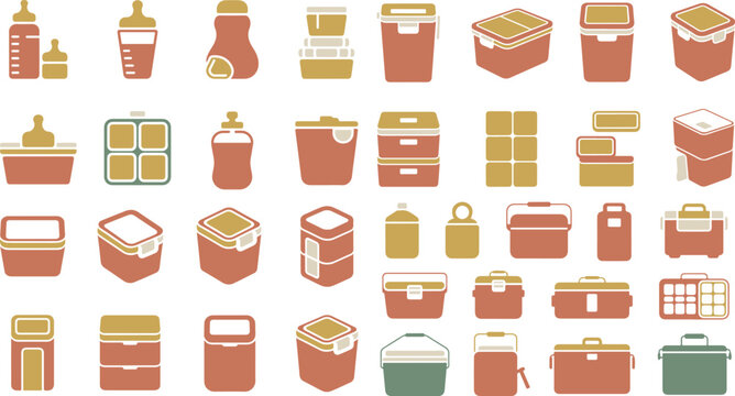 Collection of various storage containers including jars boxes and bottles in different shapes and sizes suitable for organizing household items and food storage solutions in a modern minimalist style