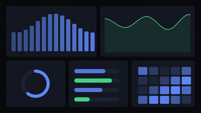 Abstract animated live dashboard panels updating together drawn as blue and cyan glowing lines and dots on a deep dark background. Clean minimal motion graphics element with free space around it, idea