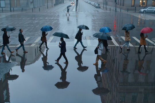 Pi&eacute;tons traversant un passage pi&eacute;ton sous la pluie avec parapluies color&eacute;s, reflets sur chauss&eacute;e mouill&eacute;e et ambiance urbaine pluvieuse
