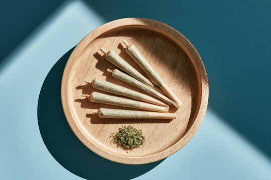 Rolled herbal cigarettes and loose material on a wooden tray