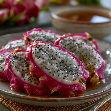 Fresh pitaya dragon fruit slices on a plate with black seeds pink skin tropical vegetarian nutrition