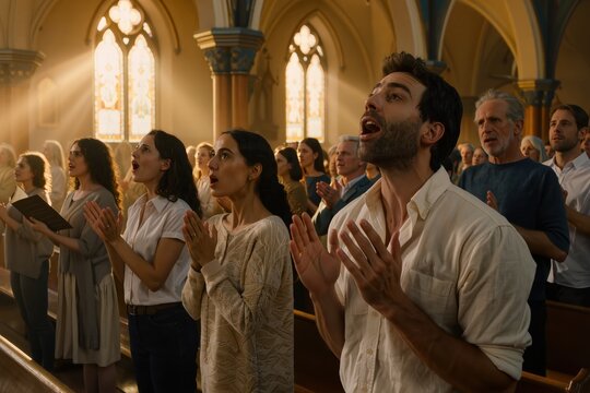 Assembl&eacute;e de fid&egrave;les levant les mains pendant un temps de pri&egrave;re et de louange dans une &eacute;glise baign&eacute;e de lumi&egrave;re, spiritualit&eacute;, foi et communaut&eacute; religieuse