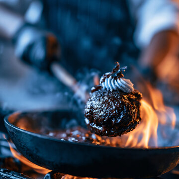 Professional chef holding gourmet burger patty over flaming iron pan in restaurant kitchen with culinary