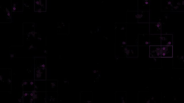 Abstract violet cyber network animation with floating particles and outlined squares drifting in dark space.Minimal futuristic data environment with soft motion flow.