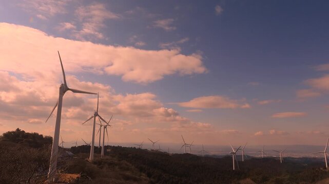 Wind Turbines at Sunset on Aoyama Plateau, Mie Japan (Warm 4K)  