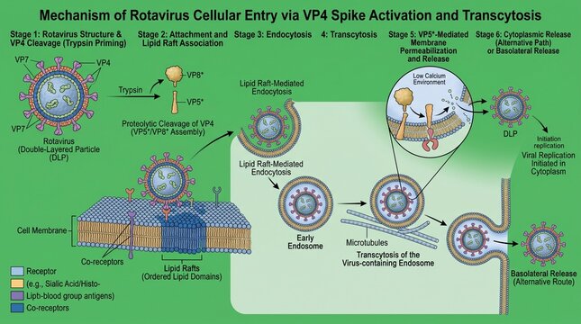 Rotavirus cellular entry mechanism diagram. Viral VP4 spike activation and transcytosis.