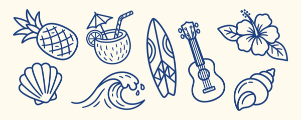 Tropical summer doodle collection with pineapple coconut cocktail surfboard ukulele hibiscus flower seashells and rolling ocean wave © Ayesha