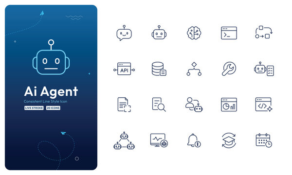 AI Agent Line Icon Set for Artificial Intelligence Technology and Automation