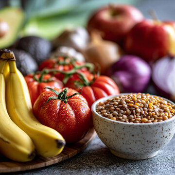 Fresh fruits vegetables and bowl of dry lentils with vegetables nutrition vegetarian tomatoes