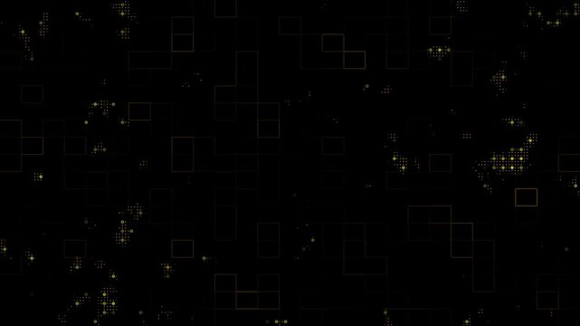Dark digital network animation with subtle golden particles and thin geometric squares.Minimal tech grid with smooth futuristic data visualization scenes.