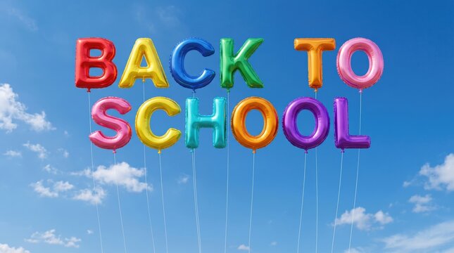 Colorful balloon letters spelling Back to School against a blue sky with clouds. Education, first day of school, celebration and learning concept