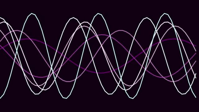 Abstract Sound Wave Frequency Motion - White Cyan and Purple Sine Waves Loop Background