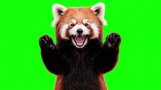 Realistic red panda raising hands and cheering joyfully, victorious business success and winning celebration concept isolated on chroma key green screen background. 3D.