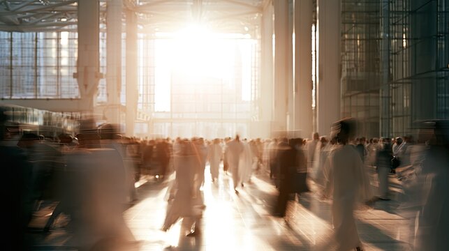 Blurred figures in motion within a bright, modern atrium