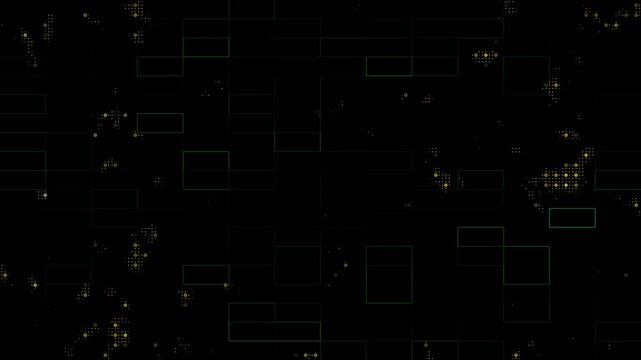 Abstract cyber data animation with floating golden particles and outlined rectangles forming digital network on dark background.