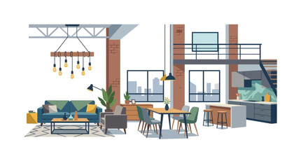 Modern loft apartment interior design, living and dining area © Safira