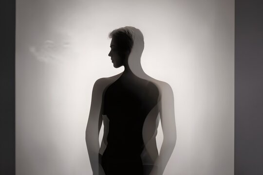 Portrait artistique en silhouette avec effet de double exposition, concept d'identit&eacute;, dualit&eacute;, introspection, conscience et psychologie humaine