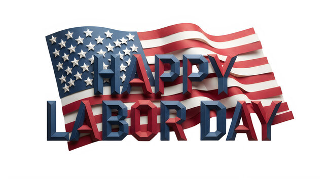 Happy labor day text with a waving american flag behind it for united states holiday celebration