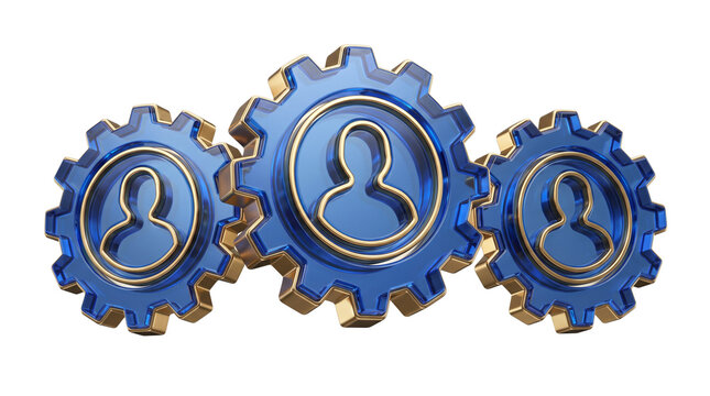 3d render of three blue glass gears with gold trim and human user icons isolated on transparent background