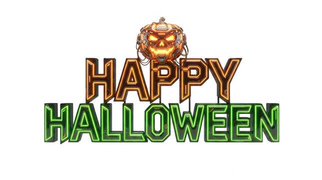 Happy halloween pixel art text design with a glowing orange pumpkin jack o lantern icon