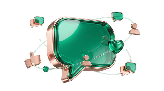 3d render of a glossy green speech bubble icon with social media elements like hearts, likes, and user avatars isolated on transparent background