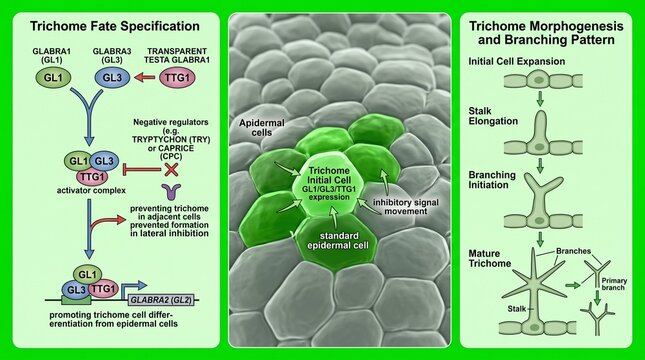 Plant trichome development diagram. Scientific illustration of leaf cell morphogenesis.