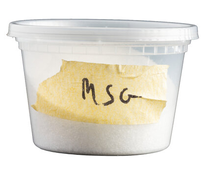 container of MSG labeled hand written on masking tape