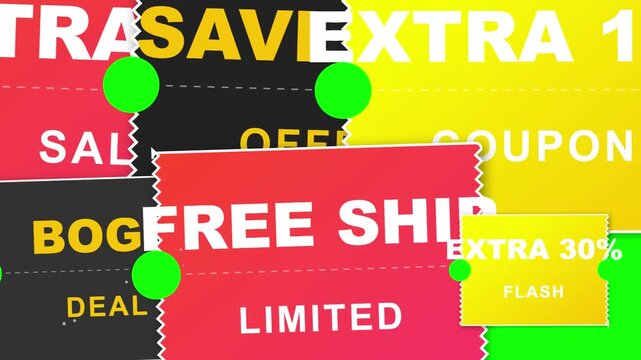 Animated sales coupons and discount tags zooming on green screen