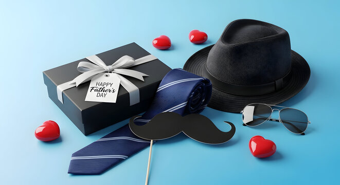 Fathers day concept with gift hat tie and hearts mustache celebration